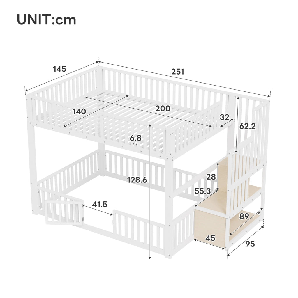 Letto a castello 140x200 cm con scala contenitore e LED; bianco; in MDF e metallo