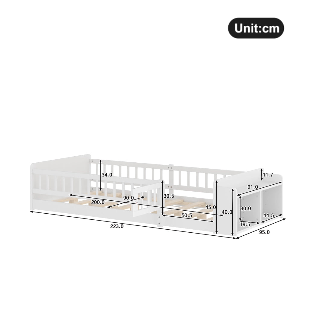 Letto per bambini in pino bianco 90x200 cm con contenitore aperto e scaffali, senza materasso