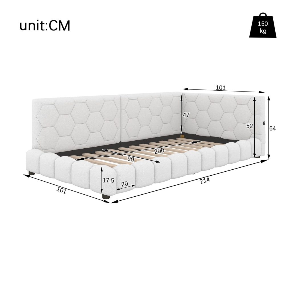 Letto da giorno 90x200 cm con luci LED; USB e Type-C; bianco