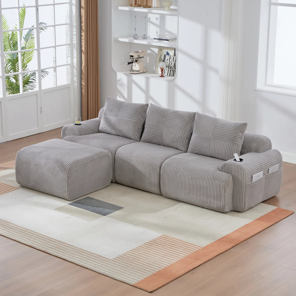 DIVANO modulare 3 posti 268x174x80 cm in tessuto corduroy grigio chiaro