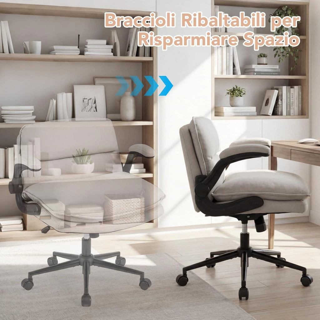 Sedia da Ufficio, Poltrona Relax Altezza Regolabile (con Ruote) | Funzione Dondolo, Braccioli Ribaltabili e Base Robusta, per Ufficio Studio Soggiorno, Portata 150 kg