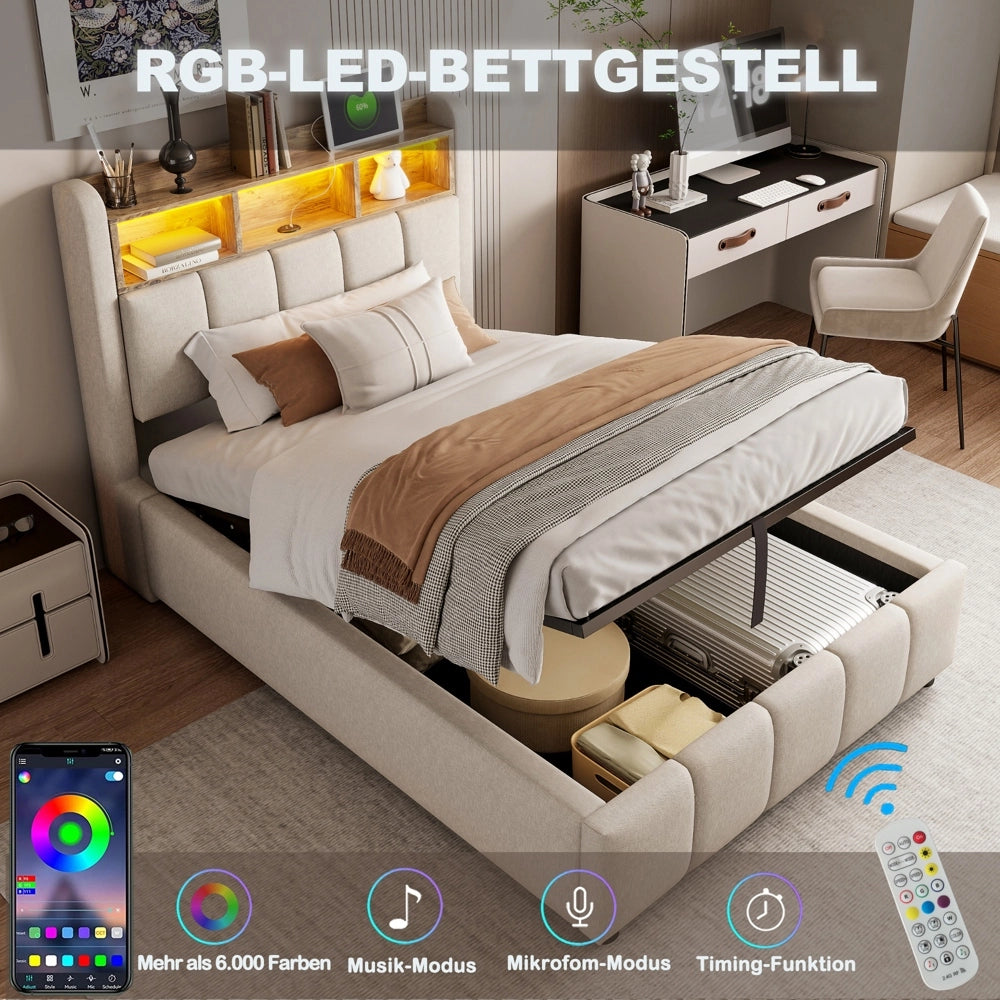 Letto bambino-Xylo-90x200 cm-LED, USB, ripiani, idraulico, lino beige