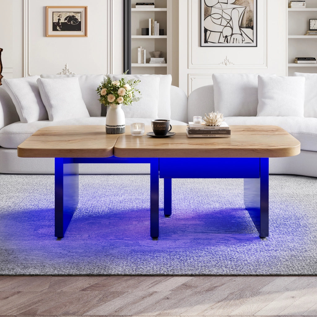 Tavolini da Salotto Impilabili con 2 Cassetti; LED e Piedini Regolabili; Stile Moderno; in MDF; Naturale e Nero
