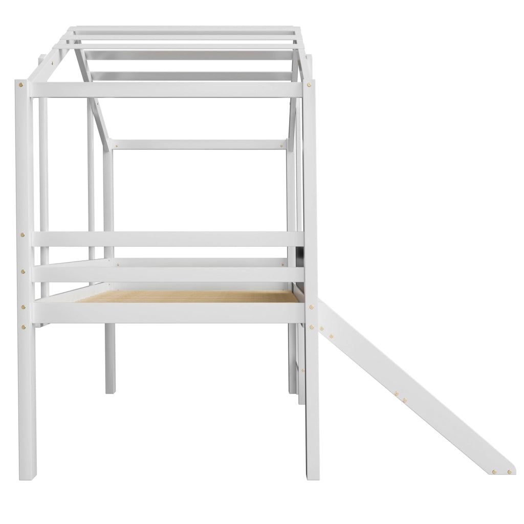 LETTO a soppalco 90 x 200 cm in legno massello bianco con scivolo e lavagna