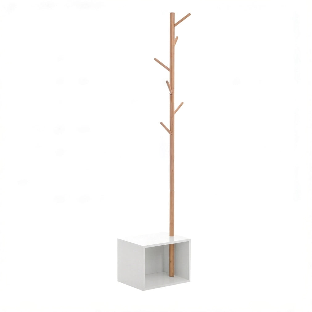 Appendiabiti 40x30x180 cm con 6 ganci e vano contenitore in MDF e legno; bianco e naturale