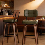 Sgabello da bar girevole con schienale ergonomico e rivestimento in PU, struttura in metallo e legno verde