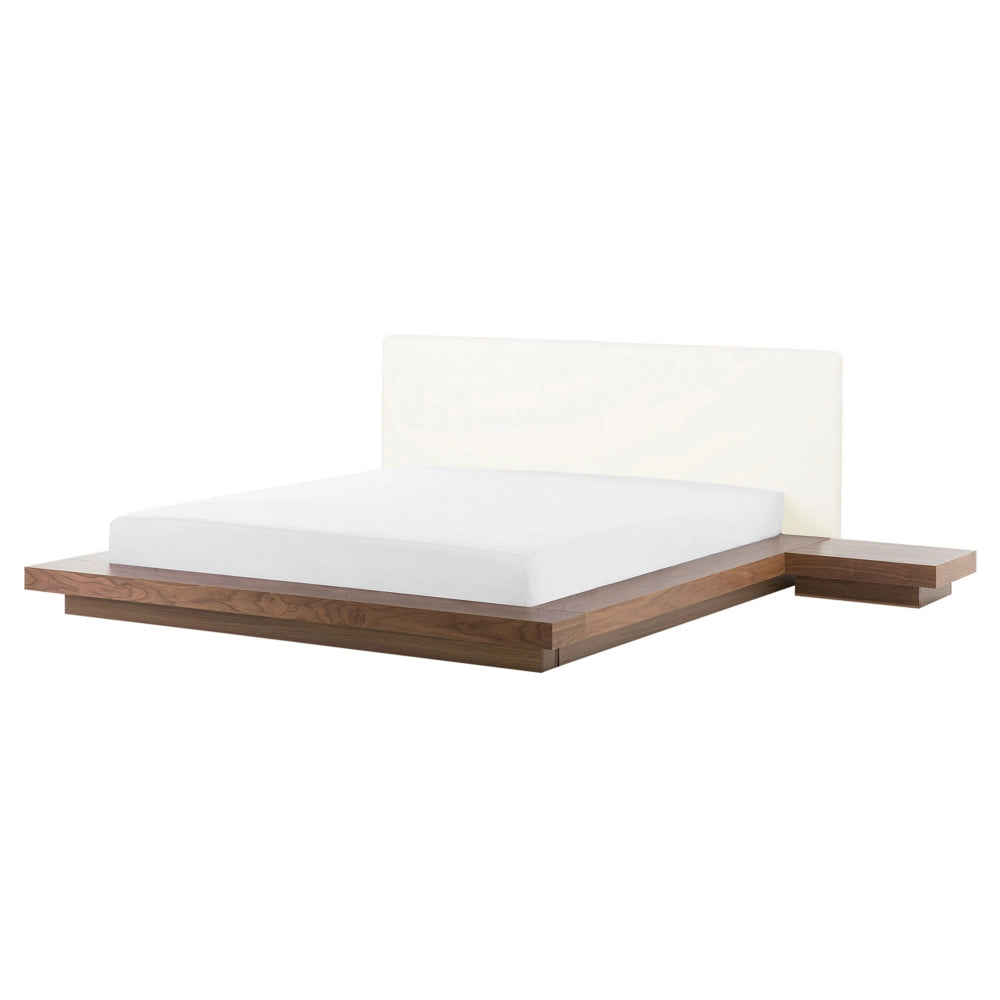 Letto in stile giapponese in frassino marrone 160 x 200 cm testata in legno impiallacciato MDF testata in pelliccia sintetica camera da letto a basso profilo