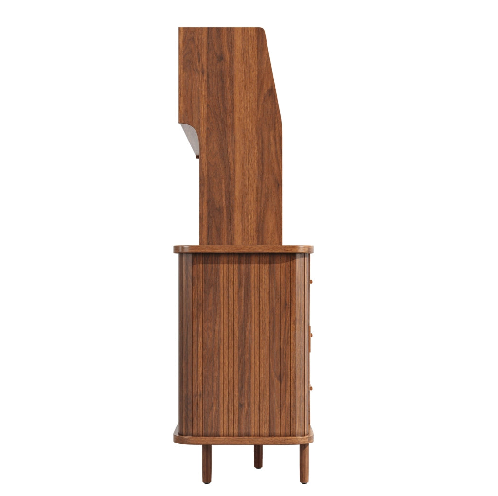 Credenza 140x40.5x174.5 cm con ante scorrevoli in vetro; 3 cassetti; MDF e metallo noce