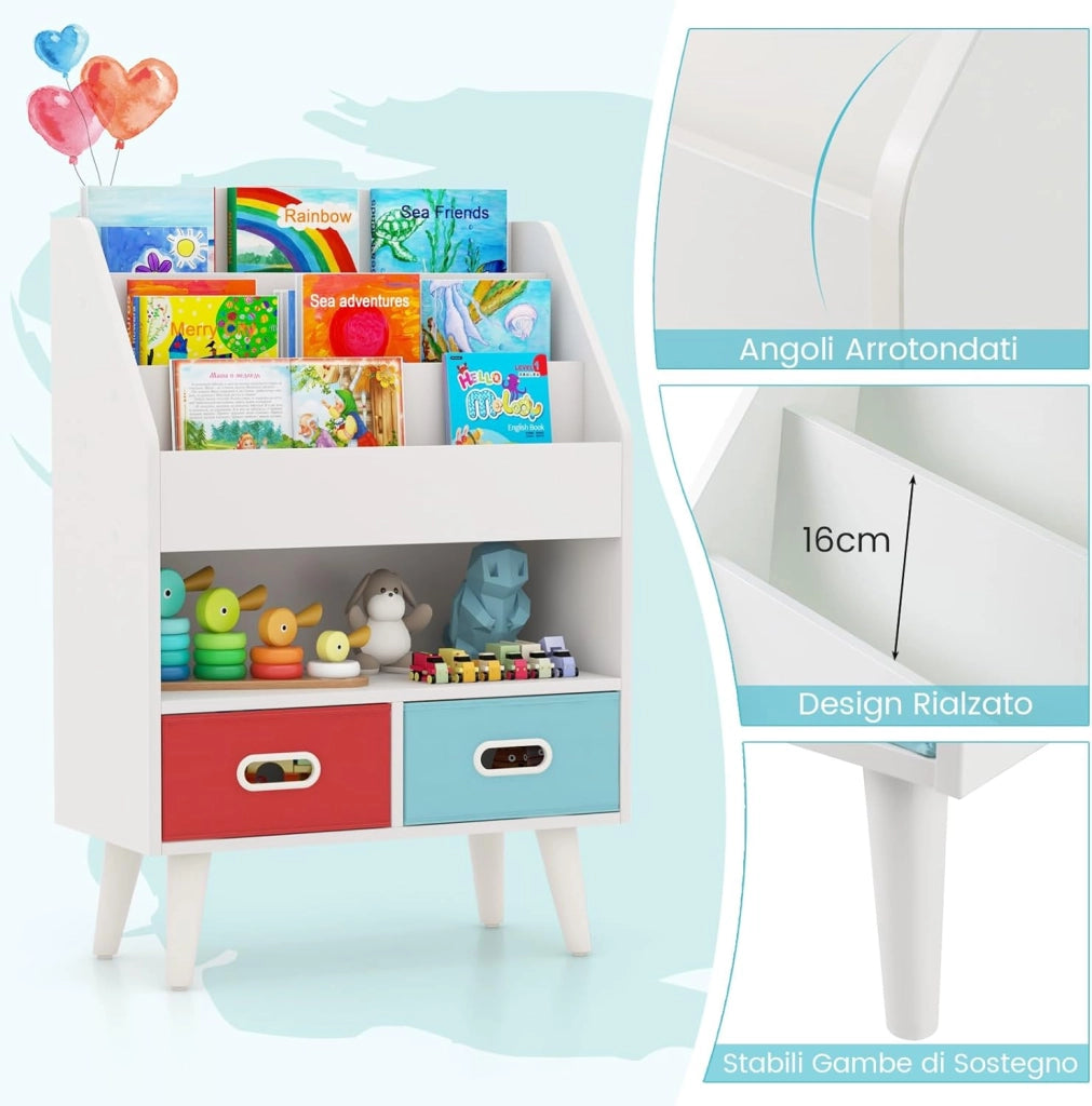Libreria per Bambini, Scaffale in Legno per Bambini con 3 Ripiani, Scomparto Aperto e 2 Cassetti in Tessuto Pieghevoli, Organizzatore per Giocattoli, 63x30x97 cm (Bianco)
