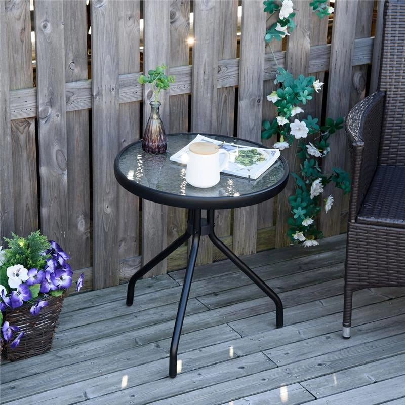 TAVOLINO DA GIARDINO ROTONDO CON RIPIANO IN VETRO 50 X 55 CM NERO