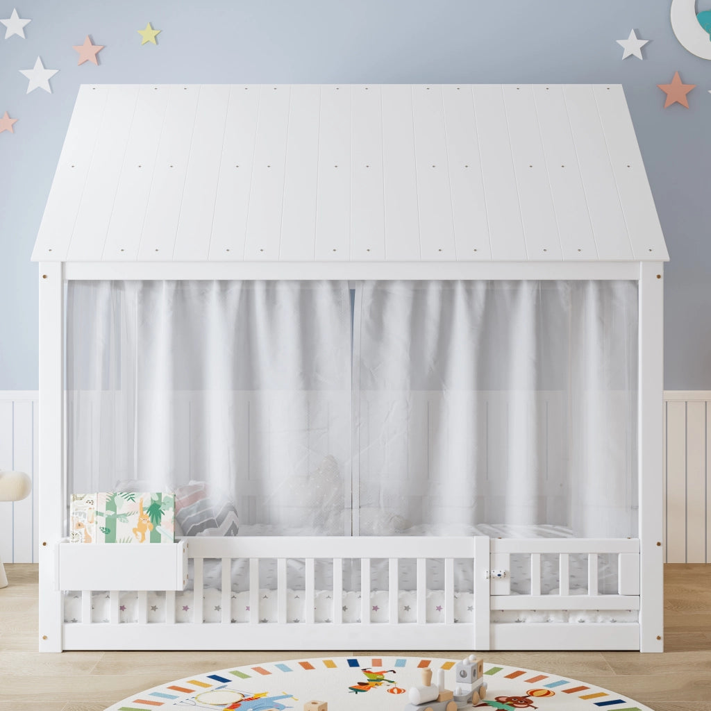 Letto Casetta 140x200 cm; Letto Singolo - Vano Contenitore e Tende - Legno - Bianco