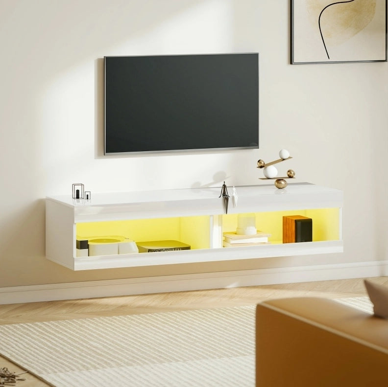 Mobile TV 140x40x30 cm con illuminazione LED RGB; legno; bianco lucido