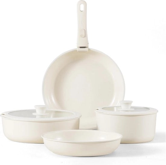 Set di padelle ceramica 7 pezzi con maniglie rimovibili - Padella antiaderente, padella in acciaio e wok adatto per induzione e forno
