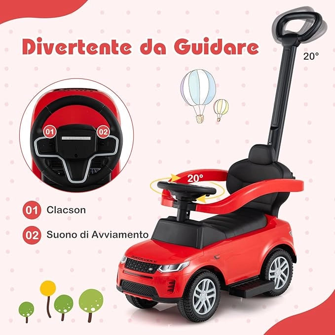 3 in 1 Auto a Spinta, Macchinina a Pedale con Manico Removibile e Paracolpi, Clacson e Suodo di Avvio, Macchina Cavalcabile per Bambini 18-36 Mesi (Rosso)