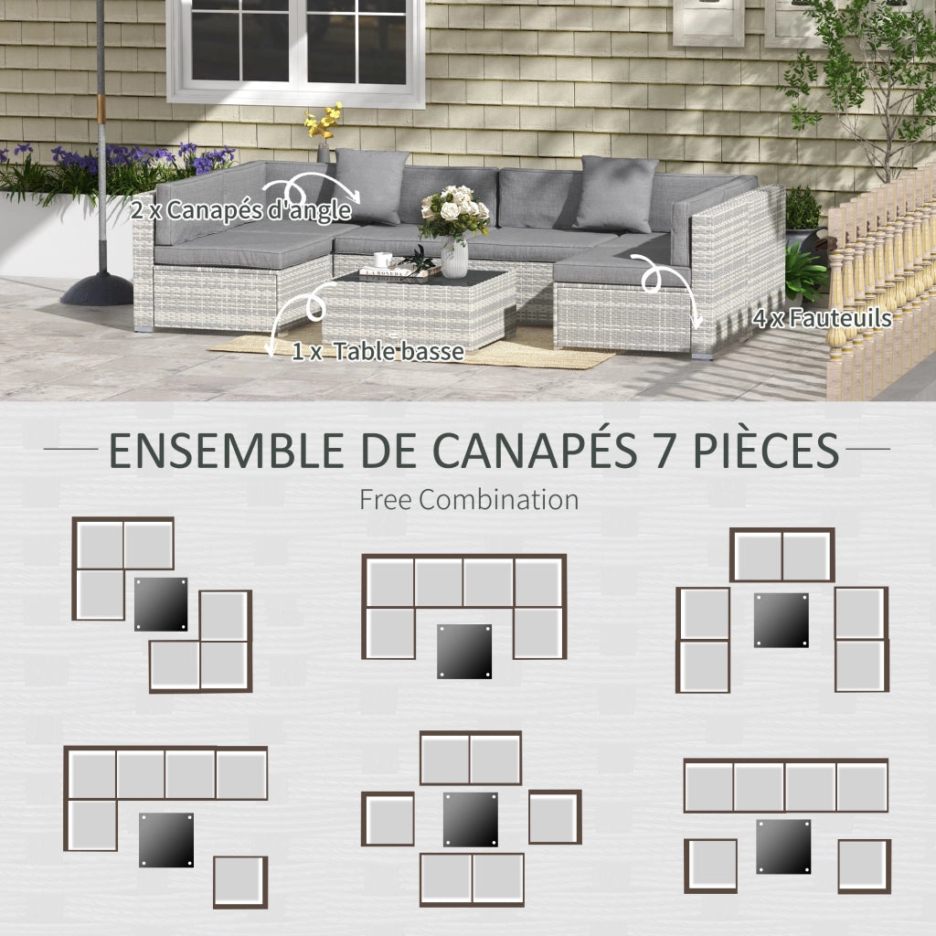 Set salotto da giardino 7 pezzi modulabile ¨C zephmum ¨C grigio, polyrattan, vetro temperato, cuscini
