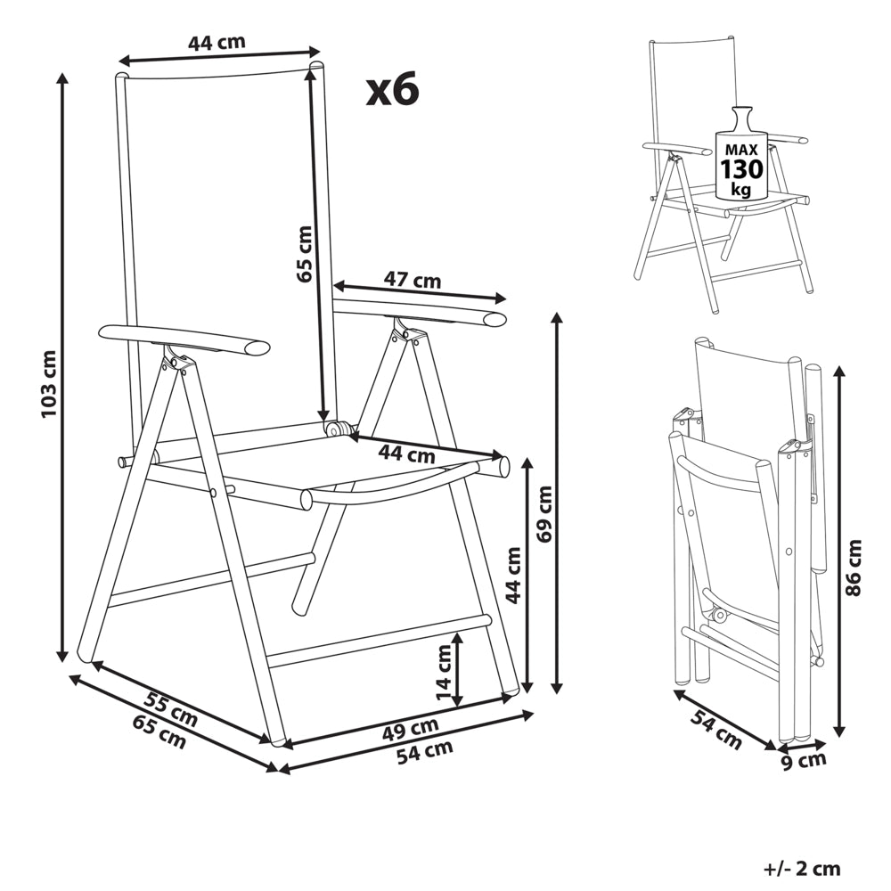 Set di 6 sedie da giardino in tessuto grigio struttura in alluminio bianco pieghevole reclinabile