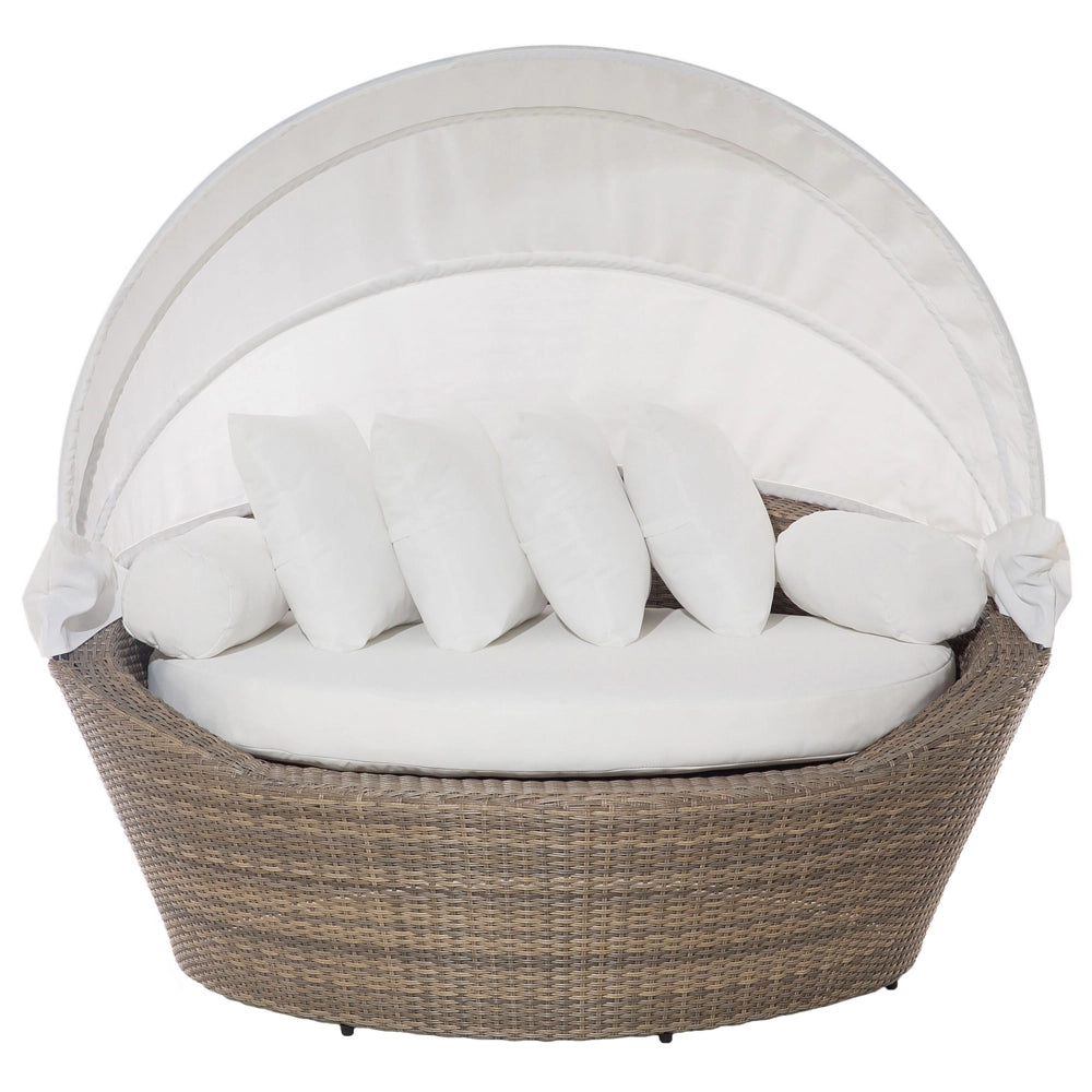 Lettino da giardino in finto rattan bianco e marrone con cuscini resistente agli agenti atmosferici