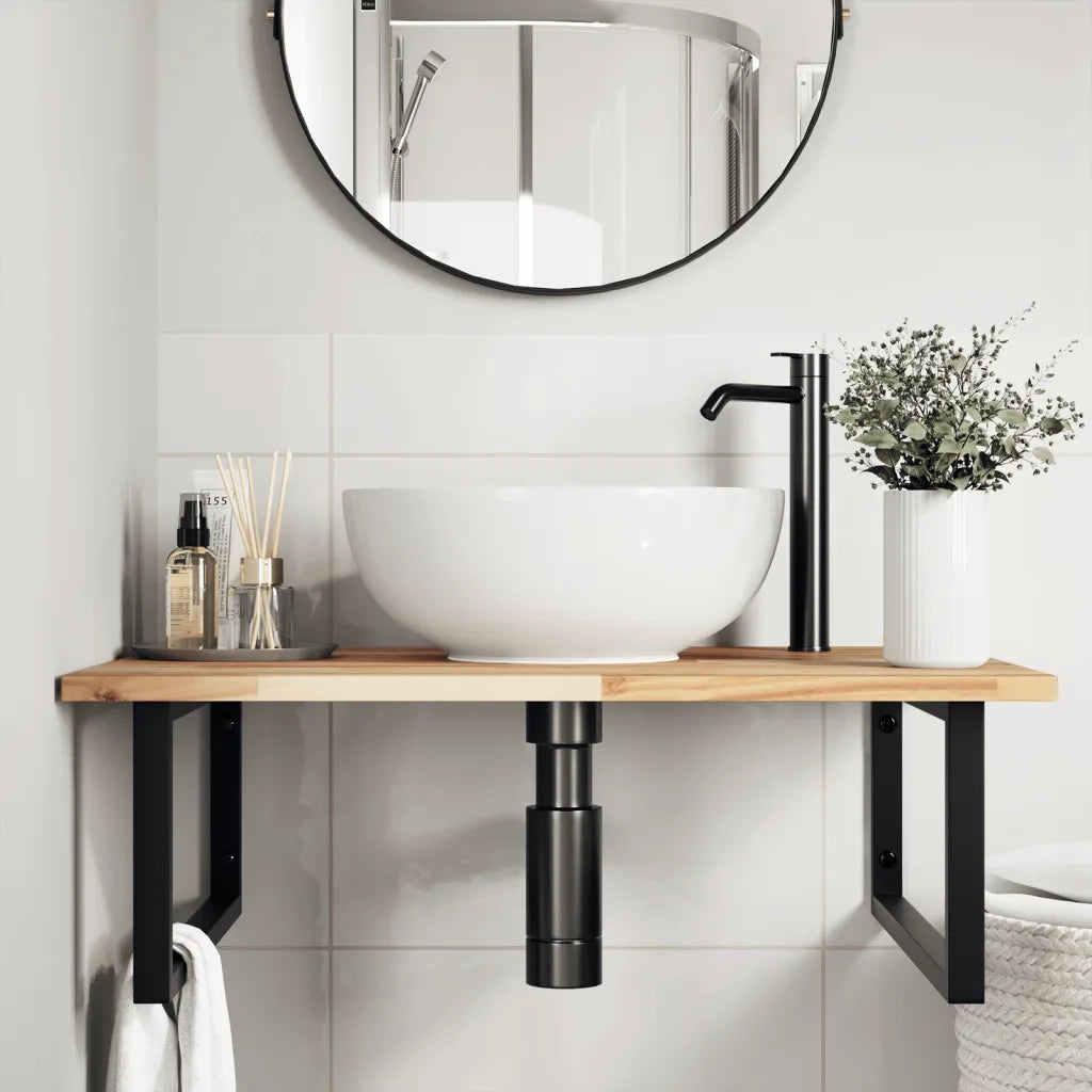 Ripiano a Parete per Lavabo in Acciaio e Massello di Acacia 3302893