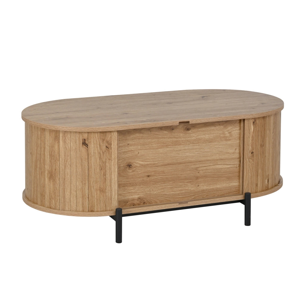 Tavolino da salotto ovale 100x50x40 cm con ante scorrevoli e vano contenitore; MDF naturale