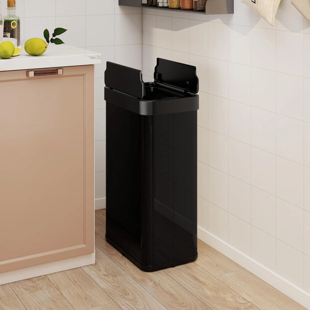 60L Cestino per Rifiuti con Coperchi a Ali, Pattumiera in Acciaio Inox Spazzolato con Sensore di Movimento a Infrarossi, Bidone Automatico per Camera da Letto, Bagno e Cucina (Nero)