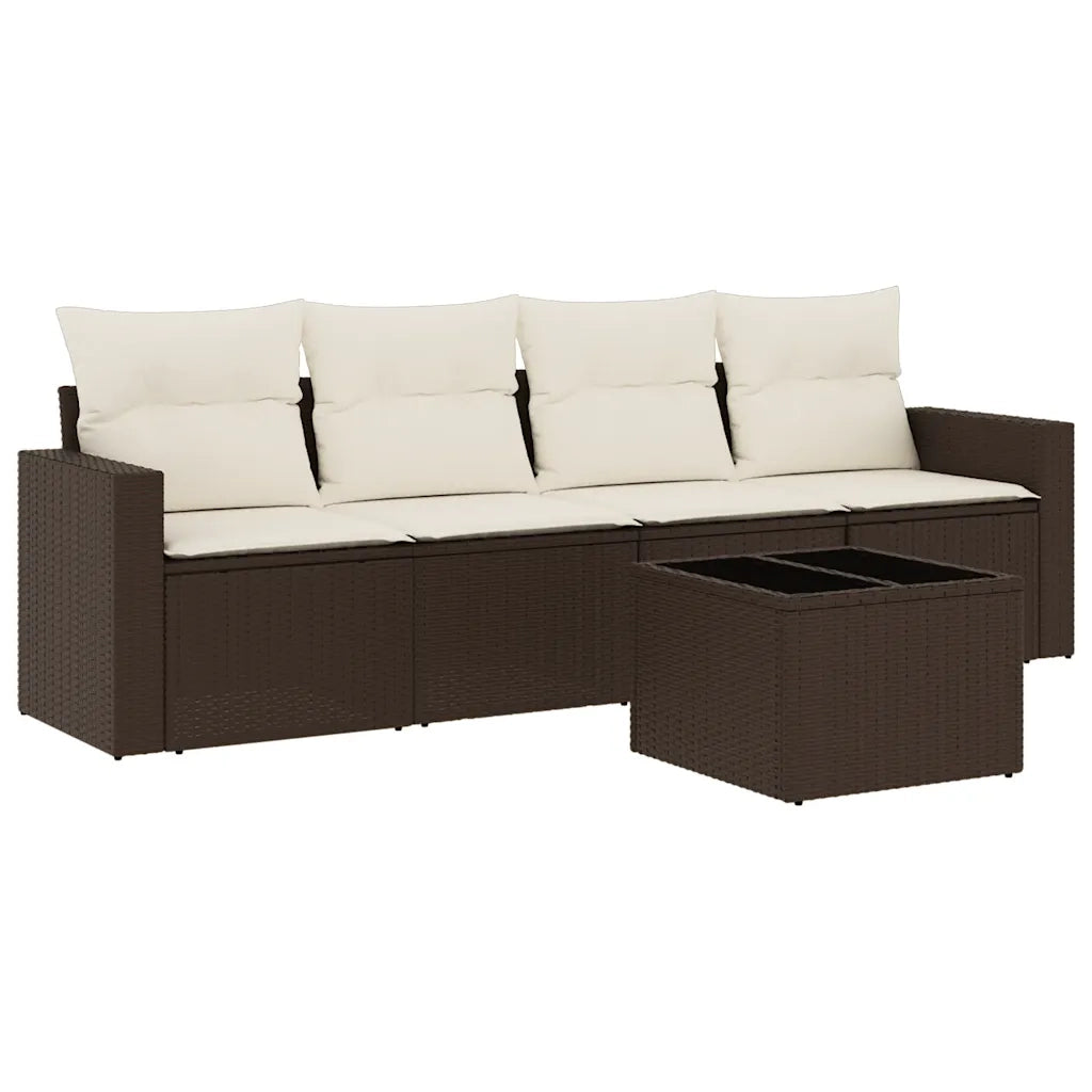 Set Divano da Giardino 5 pz | Set Salotto da Giardino con Cuscini Marrone in Polyrattan