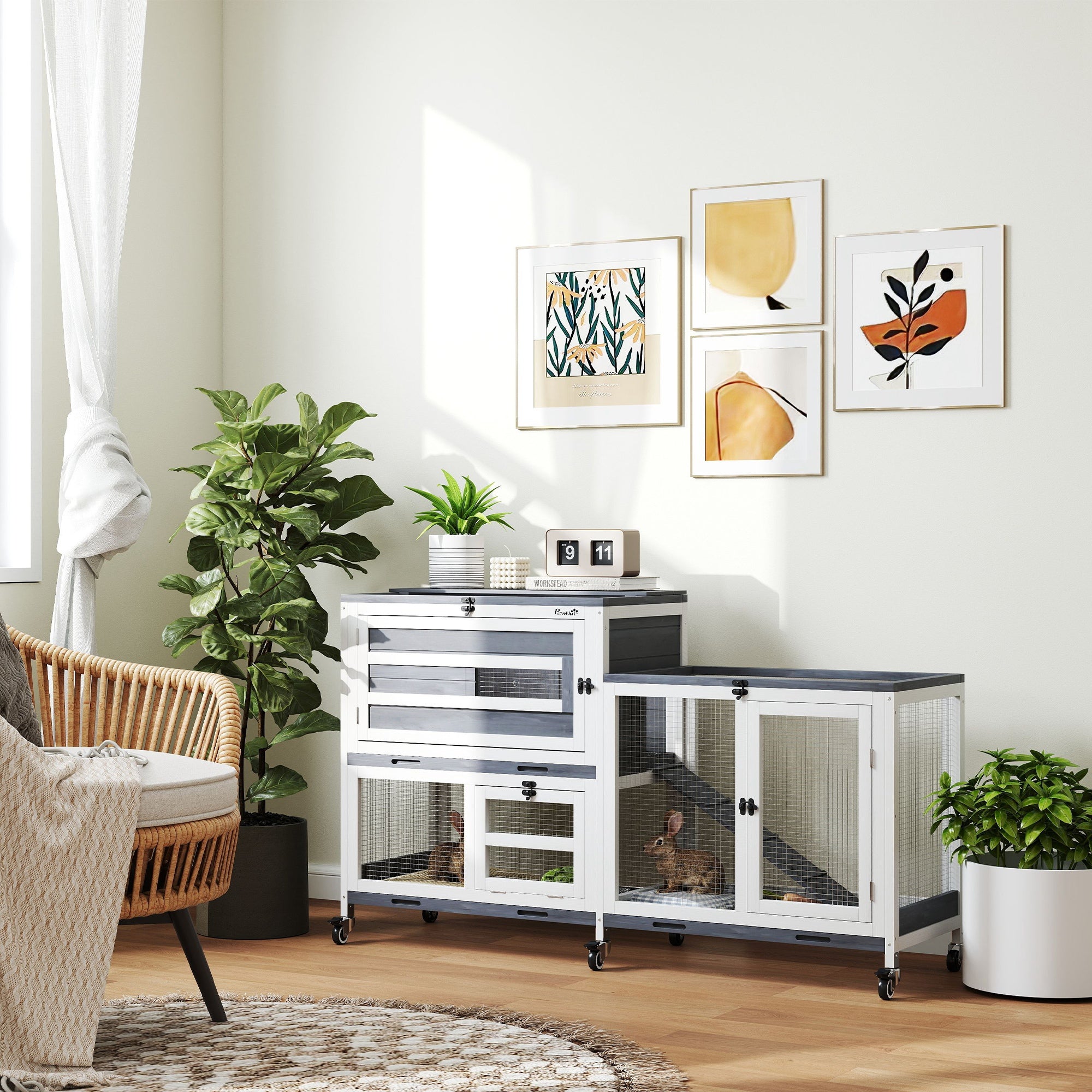 Conigliera a 2 Livelli 147x45x89,5 cm con Rampa e 3 Vassoi  in Legno di Abete e Acciaio Grigio e Bianco