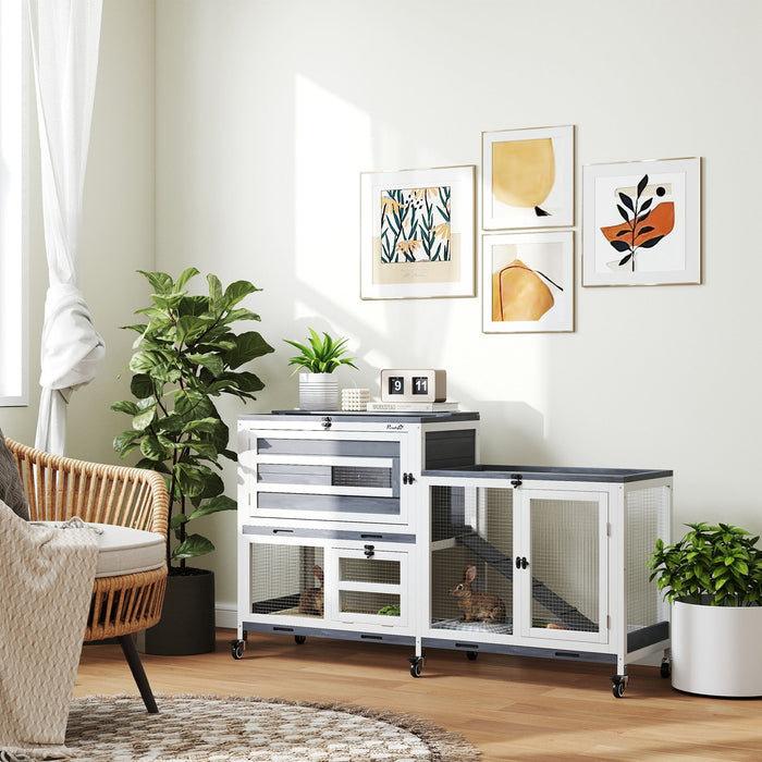 Conigliera a 2 Livelli 147x45x89,5 cm con Rampa e 3 Vassoi  in Legno di Abete e Acciaio Grigio e Bianco