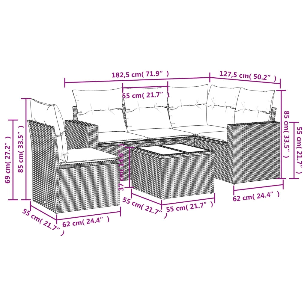 Set Divano da Giardino 6 pz con Cuscini Grigio in Polyrattan