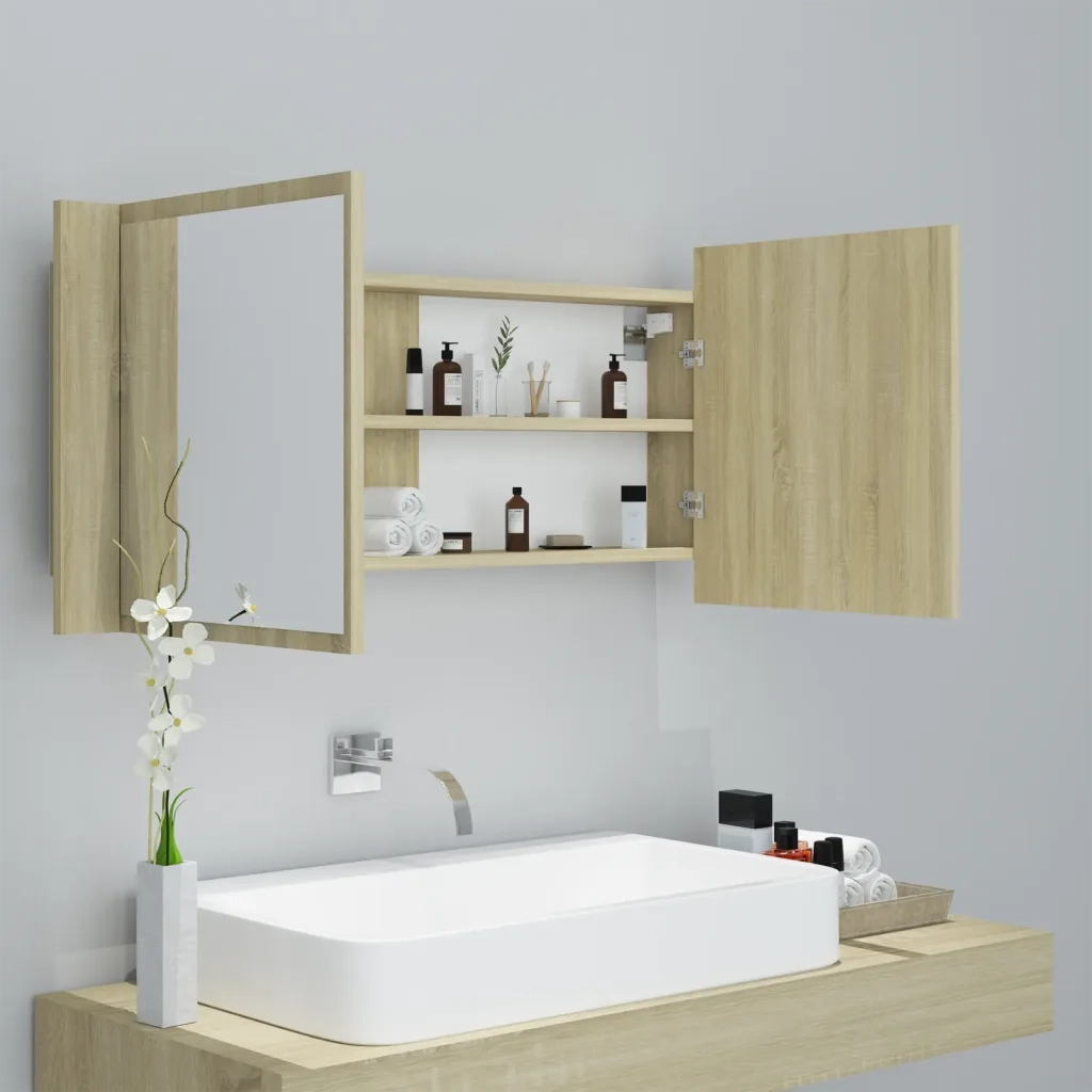 Armadietto a Specchio | Armadio da bagno con Luci LED Rovere Sonoma in Acrilico