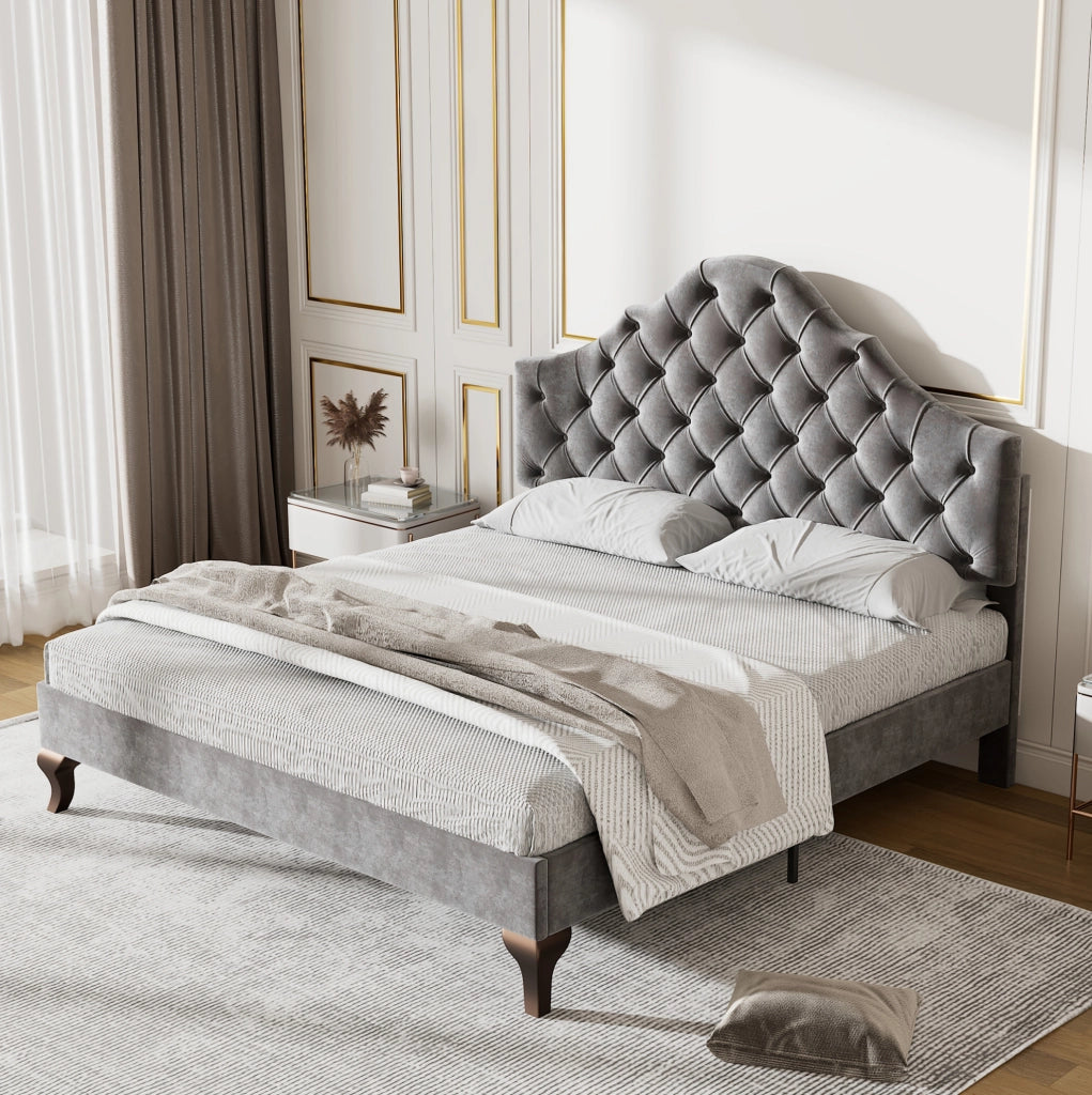 Letto imbottito matrimoniale 140x200 cm in velluto grigio con rete a doghe e testiera