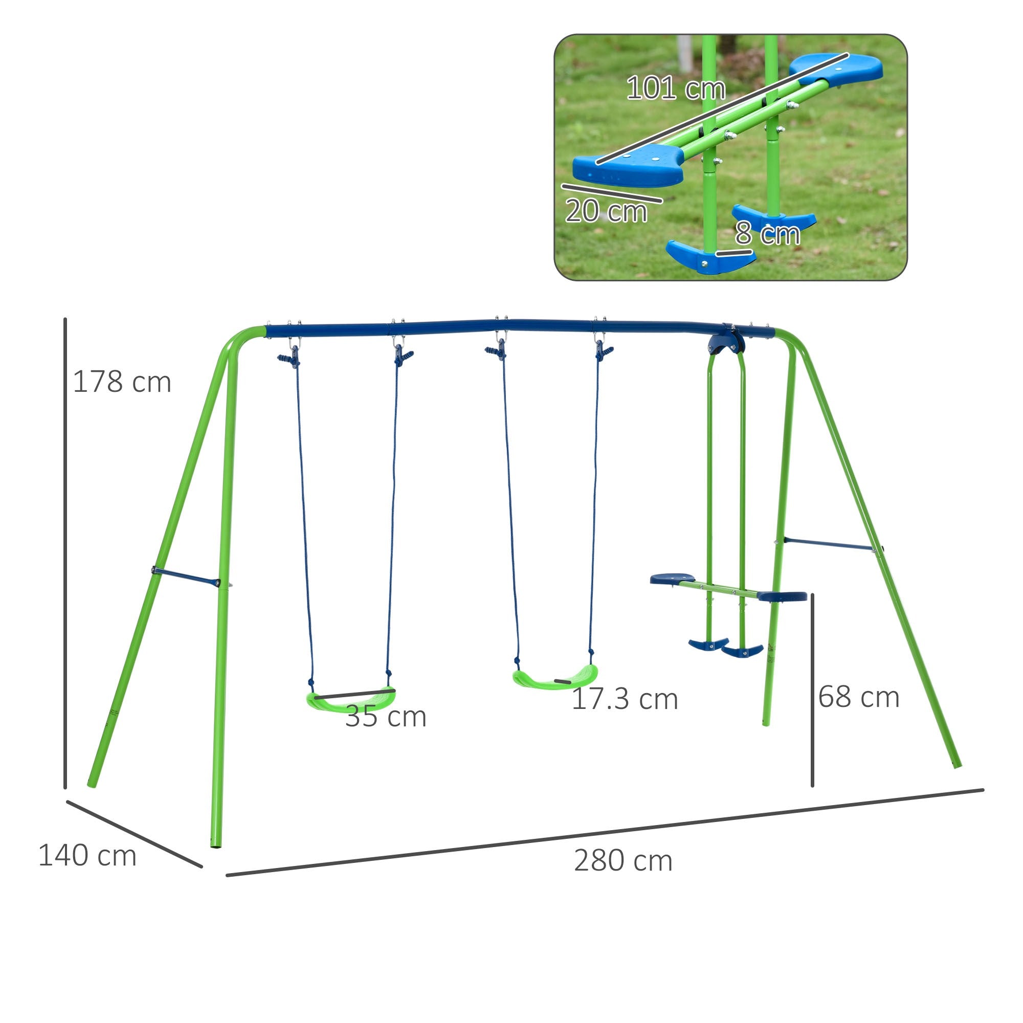 Easycomfort Set Altalene da Giardino per 4 Bambini, 1 Altalena Doppia e 2 Altalene Singole, Capacità di peso 45kg (Altalena) 180kg (Totale), 280x140x178cm