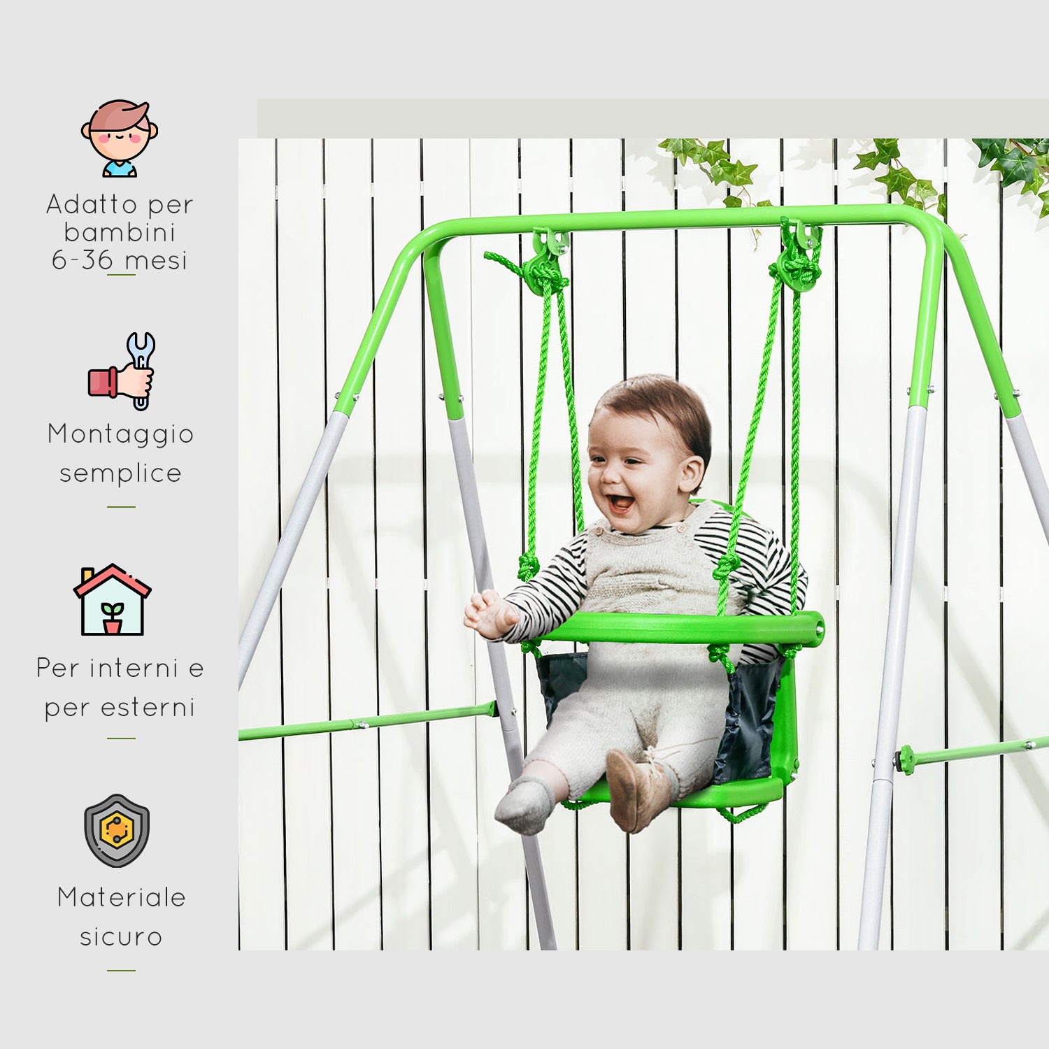 Easycomfort Altalena per Bambini 6-36 Mesi da Giardino e Salotto in Acciaio e PE, 122x146x122 cm, Verde