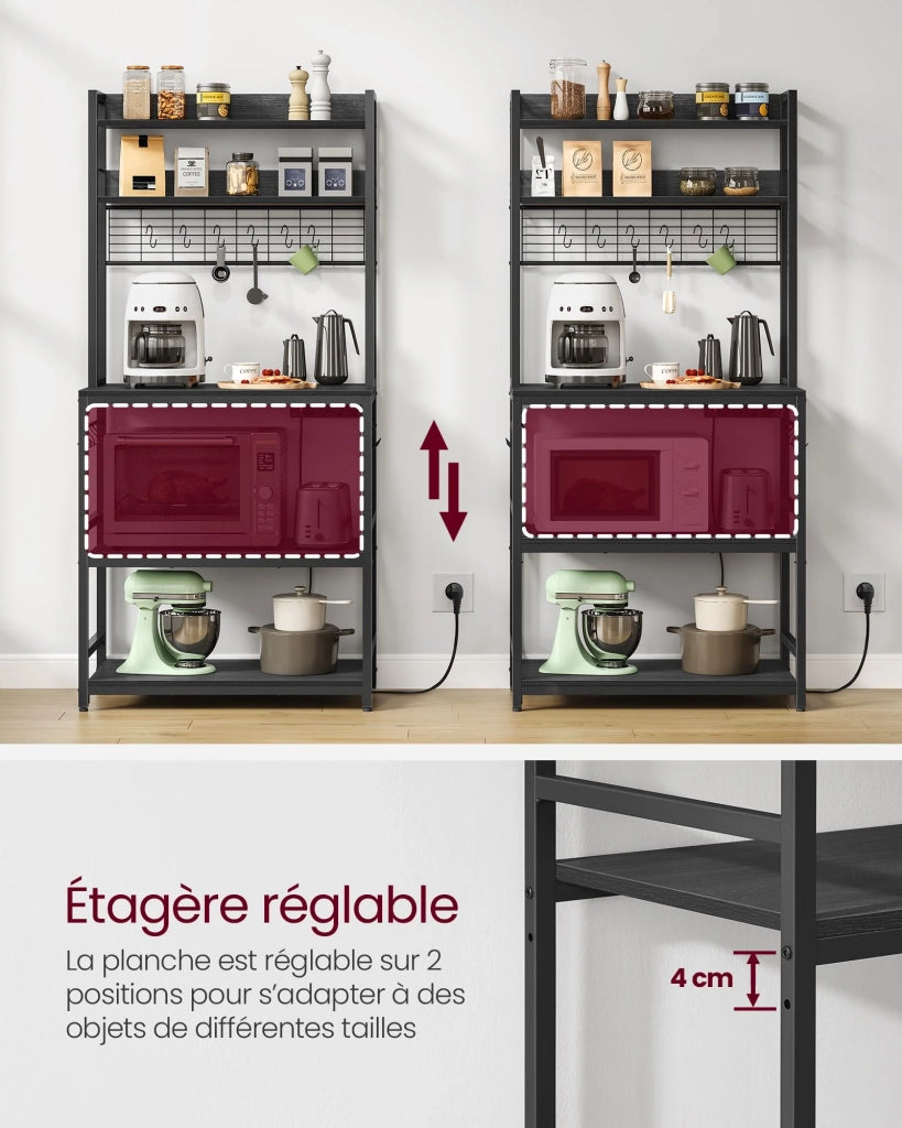 Mensola da cucina con multipresa supporto per microonde ripiano portaoggetti con pannello in rete metallica 14 ganci 40 x 80 x 170 cm nero 12_0005669