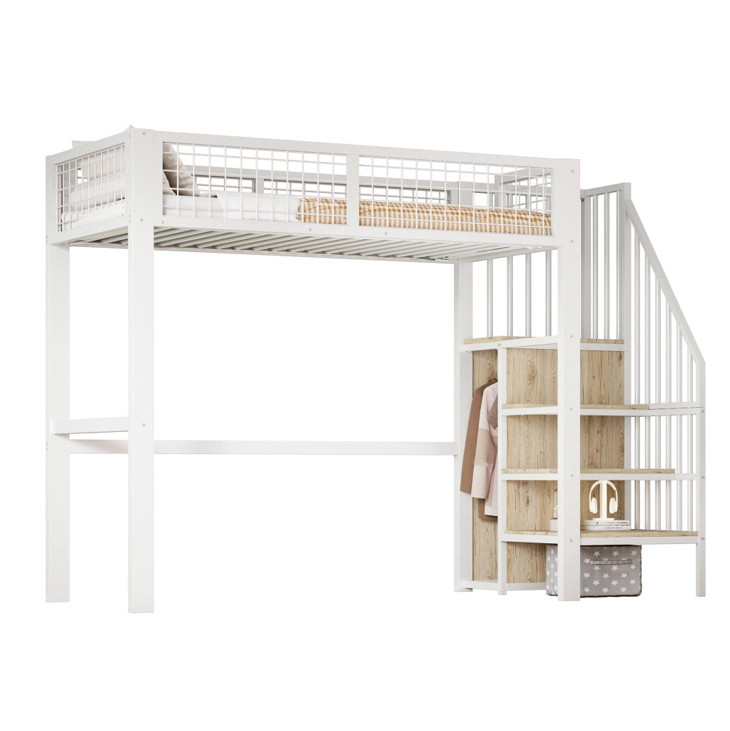 Letto a soppalco 90x200 in metallo con scala di sicurezza e armadio integrato