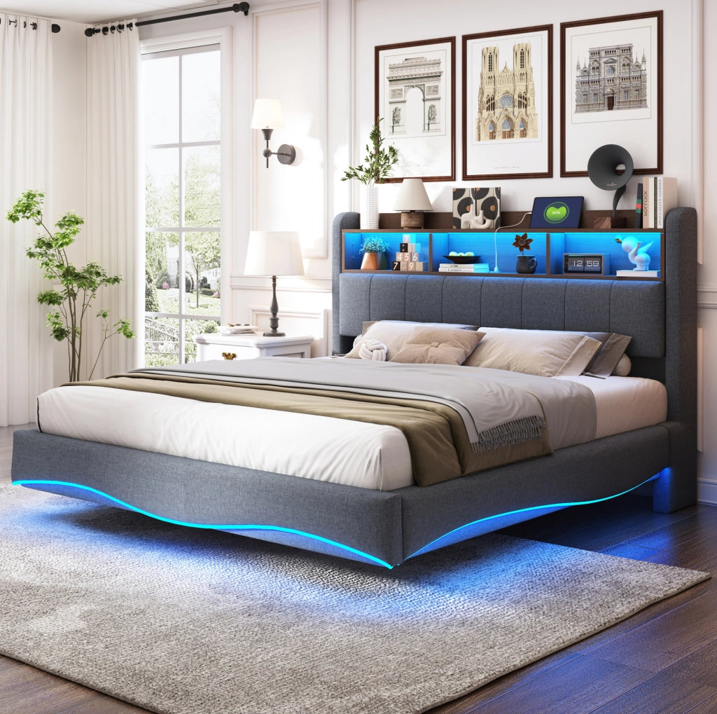 Letto imbottito sospeso 160x200 con LED, USB e porta Type-C, grigio