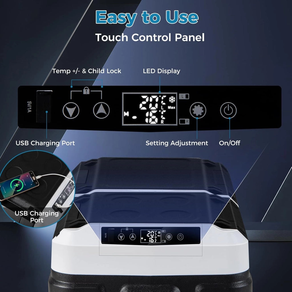 Compressore Frigorifero Box 40L Frigorifero Box Elettrico con Doppia Zone 12/24V -20°C-20°C, Funzionamento LED Touch Porta di Ricarica USB per Auto, Camion, Campeggio