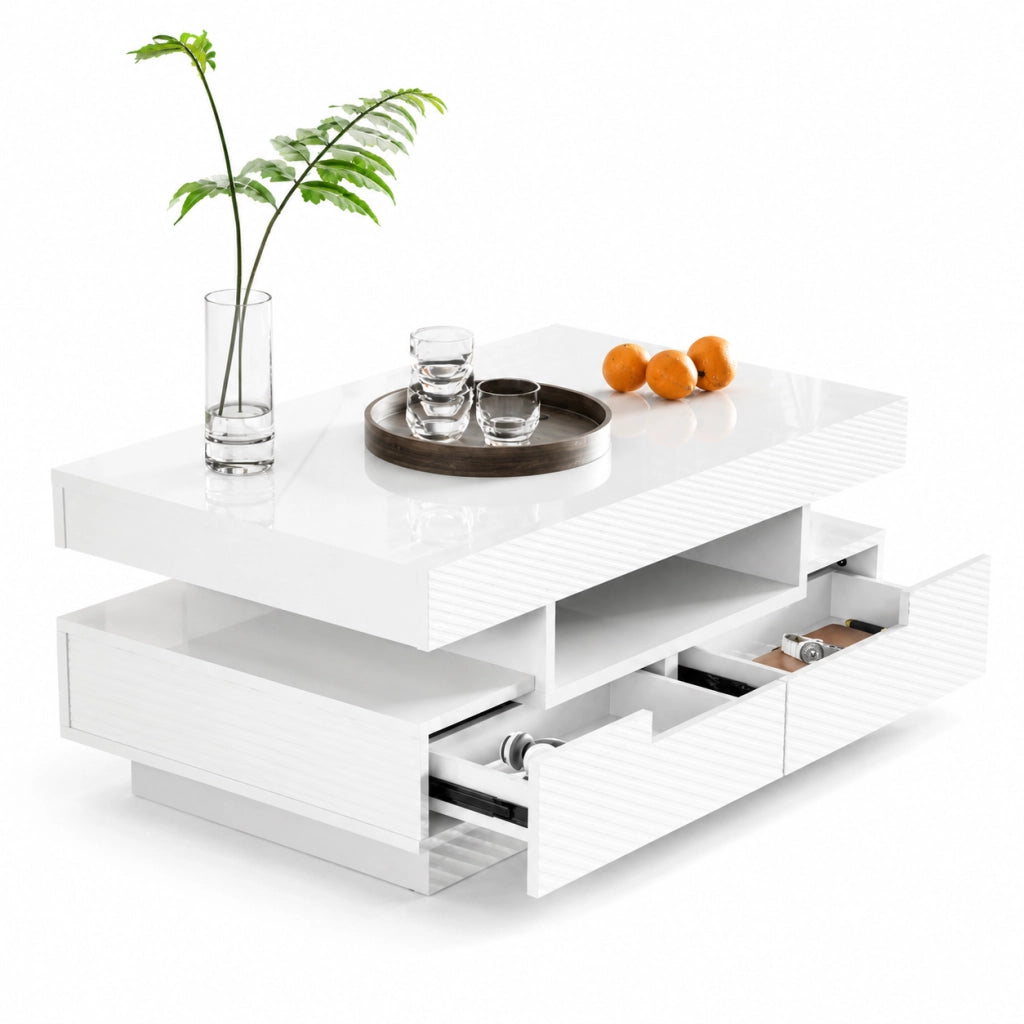 Tavolino da caffè 80x50x36 cm; superficie lucida con LED regolabile; pannello truciolare bianco