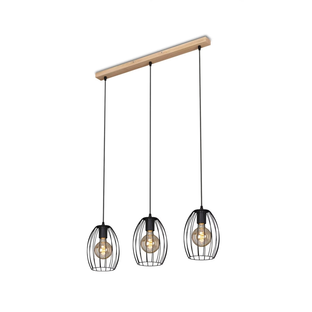 Lampadario Vintage Waktu Legno Marrone Metallo Nero 3 Luci E27