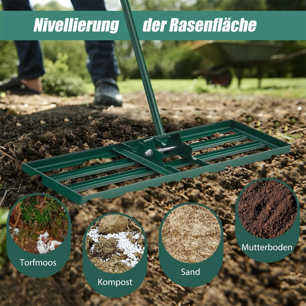 Rastrello Livellatore per Prato 170 cm, Raschietto Livellatore in Metallo Robusto con Manico Lungo e Spesso, Livellatrice per Terreno, Ghiaia, Orto ed Erbacce da Giardino (91 x 25 cm, Verde)