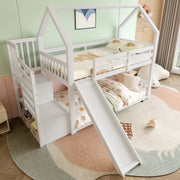 OKWISH Letto a Castello a Casetta 90×200 cm, Letto Singolo con Scala con Contenitore, Scivolo e Sponda, senza Materasso, Bianco