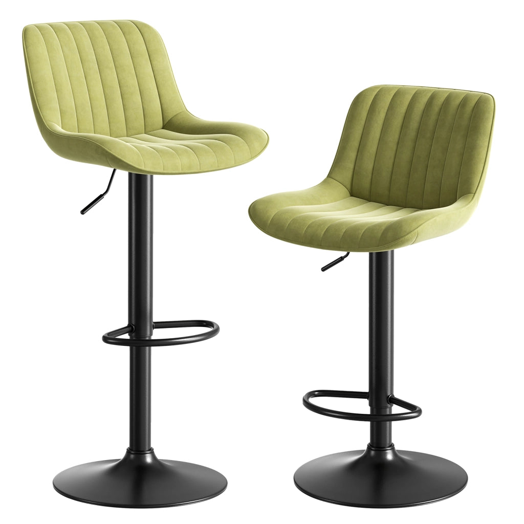 Set di 2 Sgabelli da Bar Girevoli e Regolabili in Altezza; Schienale Ergonomico; Velluto; Metallo e Legno; Verde