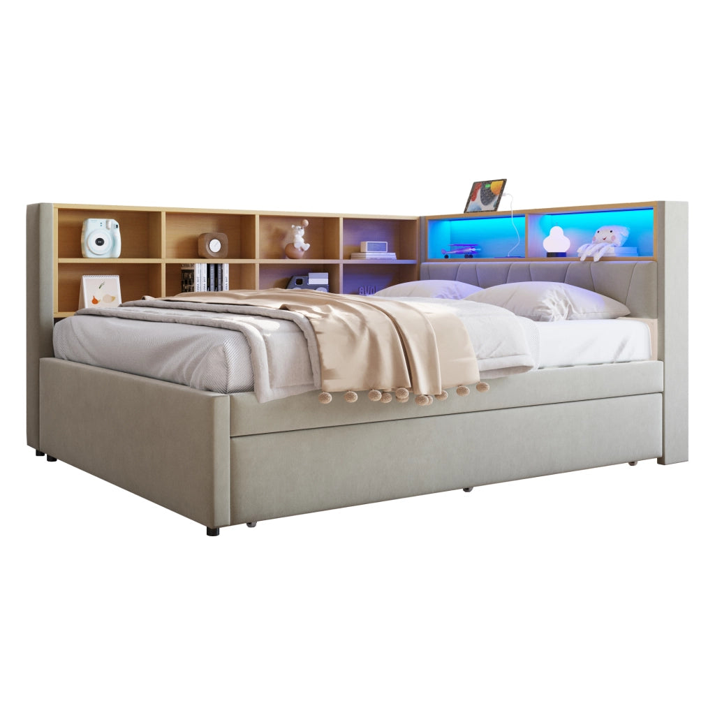 Divano letto con letto estraibile 140x200 cm, LED, USB e vani contenitore, flanella grigio chiaro