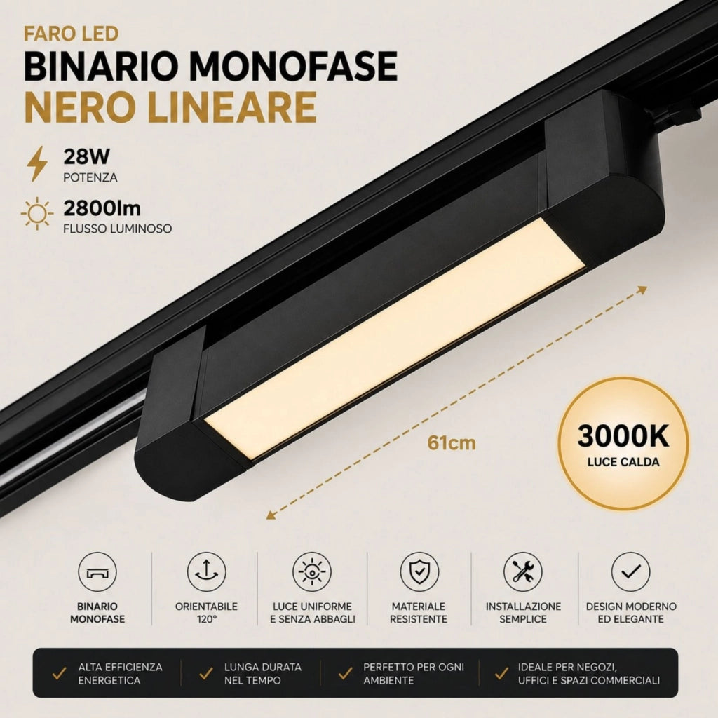 Faro Led Binario Monofase, Nero Lineare 61cm 28W 2800lm 120° Orientabile, Disponibili 3000K 4000K (Bianco Caldo 3000K)