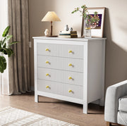 Cassettiera 79x80.5x39.5 cm con 5 cassetti; maniglie dorate; truciolare bianco