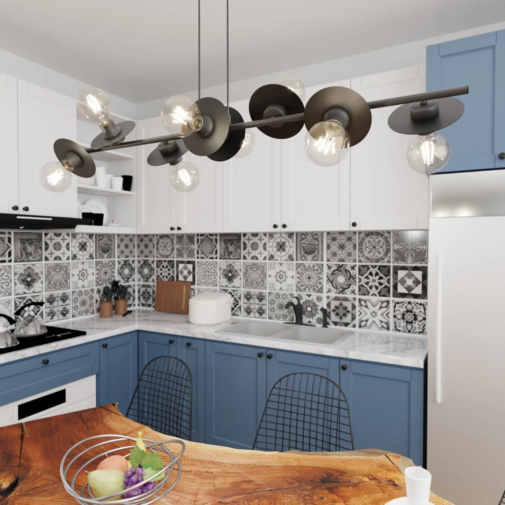 Lampadario 8 Luci Eos In Acciaio Nero Con Barra E Diffusori A Piatti
