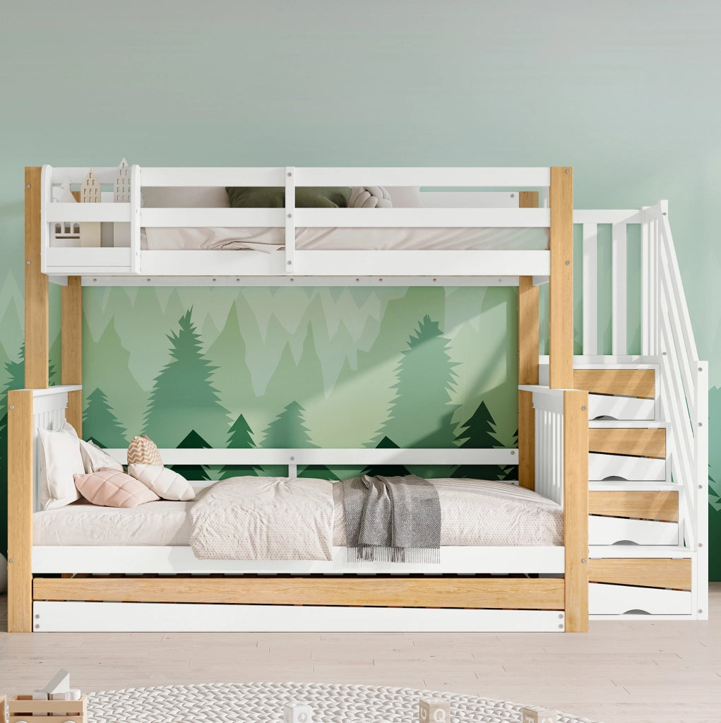 Letto a castello con letto estraibile, scala contenitore e sponde di sicurezza
