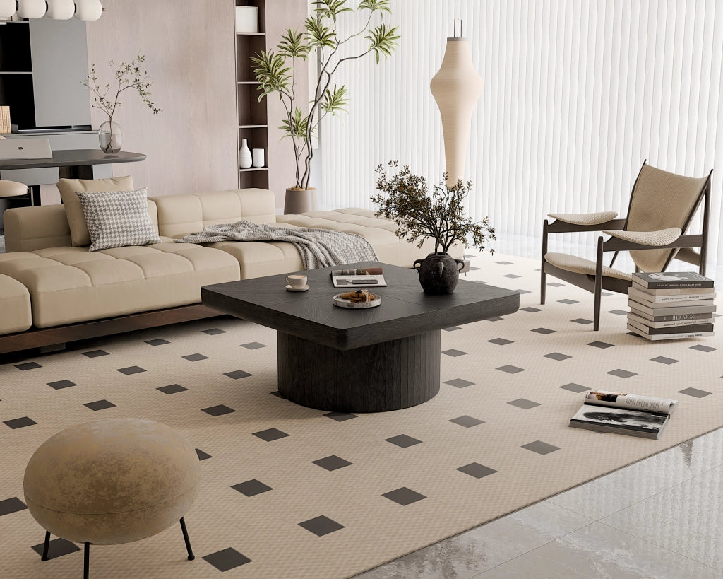 Tavolino basso quadrato con piano effetto parquet e base cilindrica piano spesso nero 86.12 × 85.54 × 18.04 cm