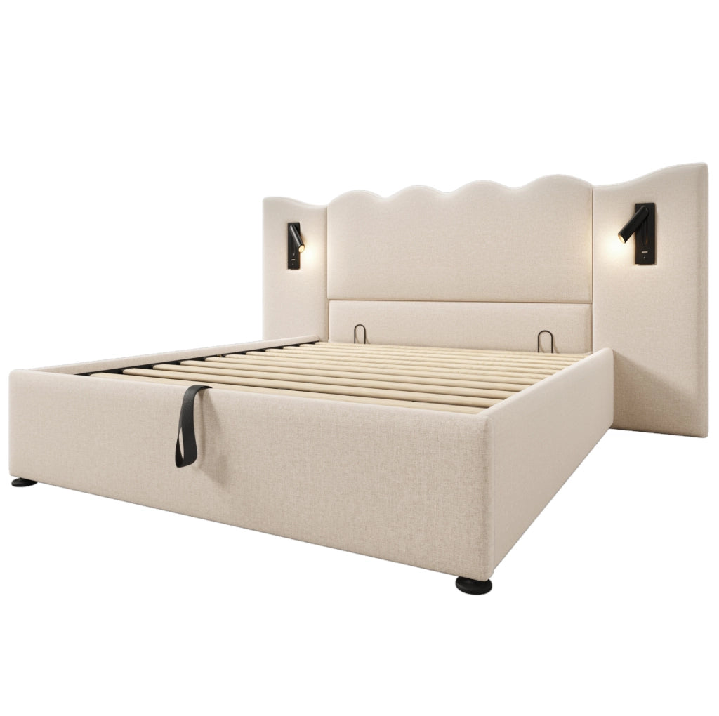 Letto matrimoniale contenitore 160x200 cm in lino beige con luce da lettura USB e Type-C