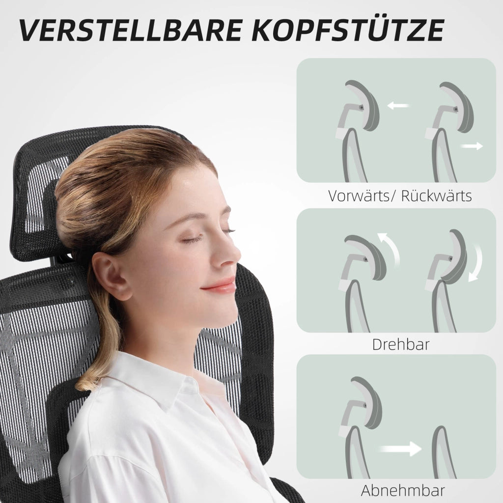 Sedia da ufficio ergonomica girevole con braccioli regolabili, poggiatesta, supporto lombare e poggiapiedi in rete nera