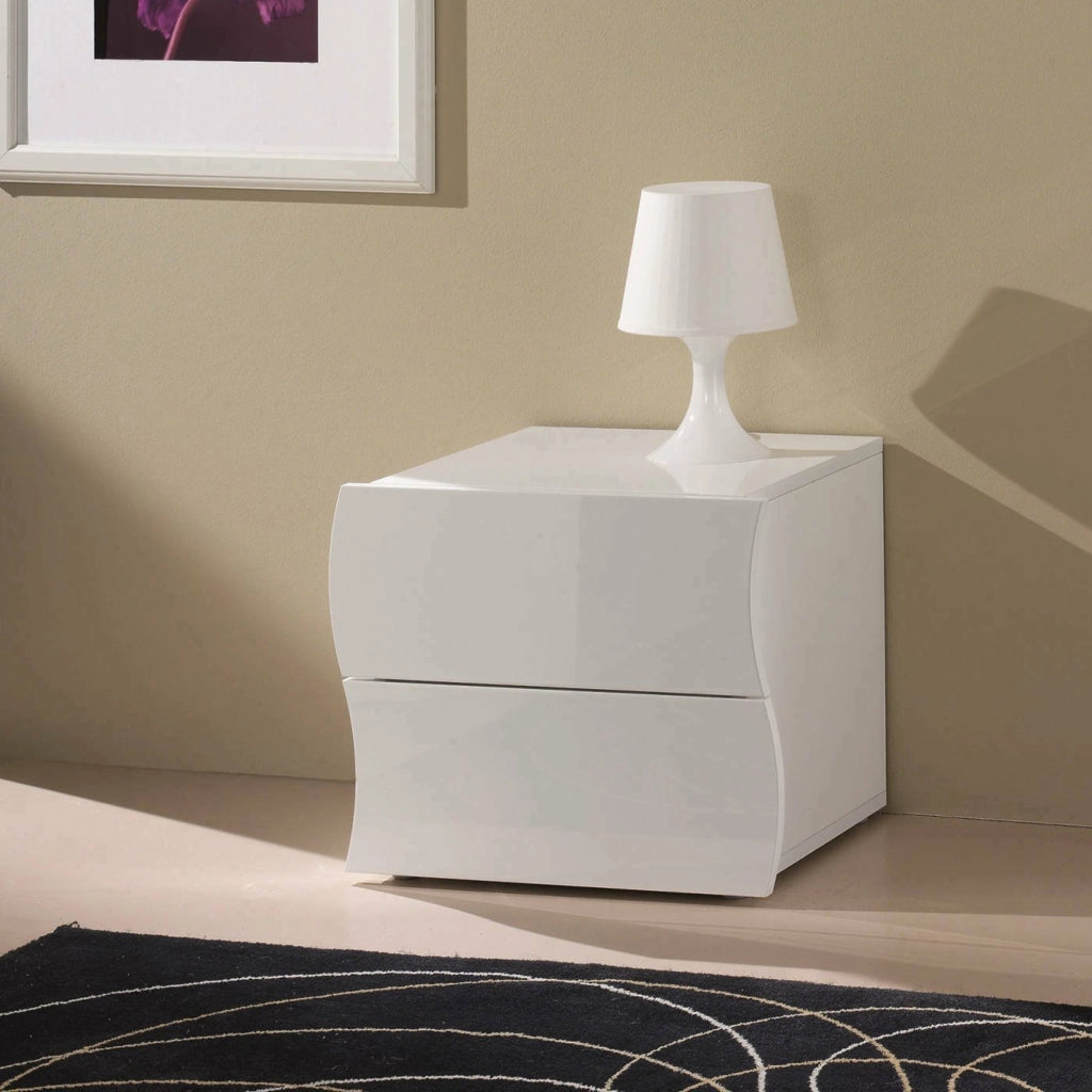 Comodino ondulato moderno a 2 Thanatos, Made in Italy, Tavolino da notte, Mobiletto per camera da letto, cm 50x40h41, colore Bianco lucido